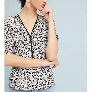 Anthropologie Tracy Reese Top Retro Floral Blouse S Black and White Peplum